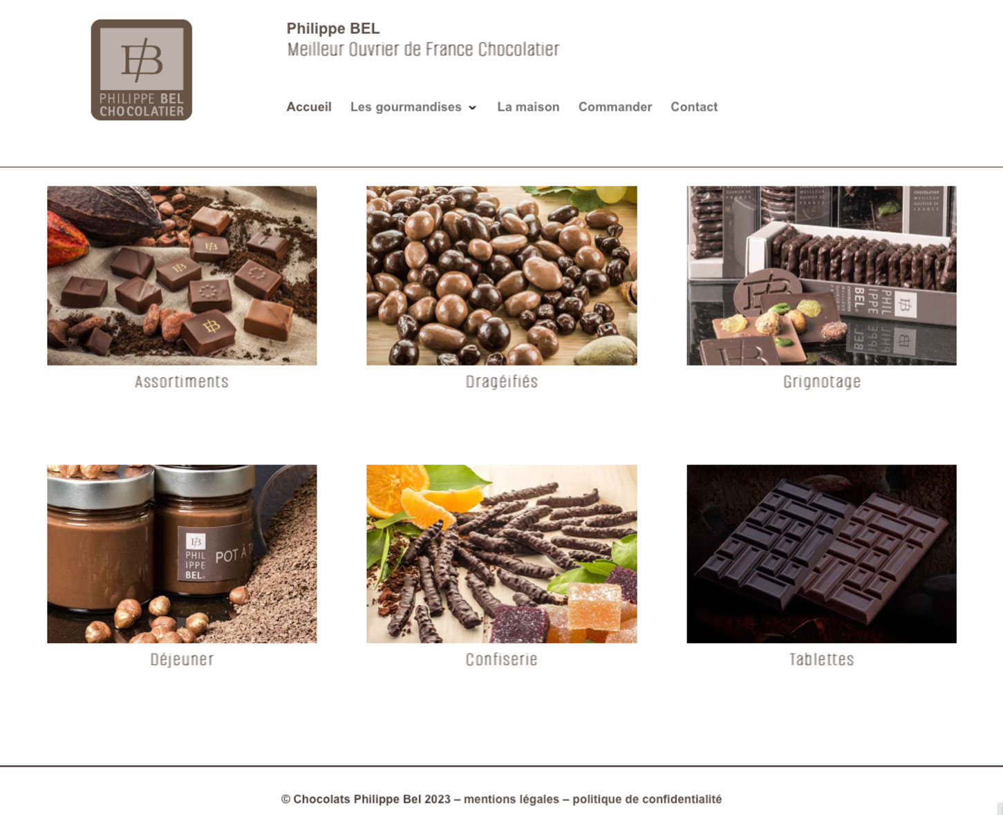 page d'accueil du site chocolats Philippe Bel